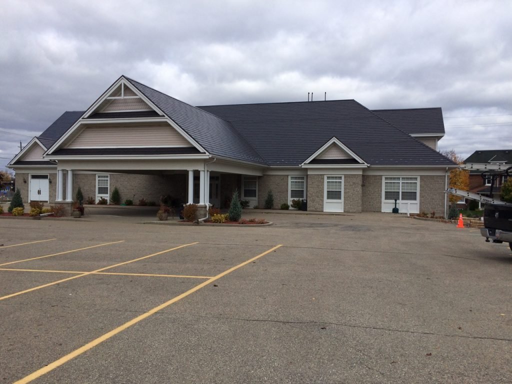 Barclay Funeral Home after steel shingle installation - view 1