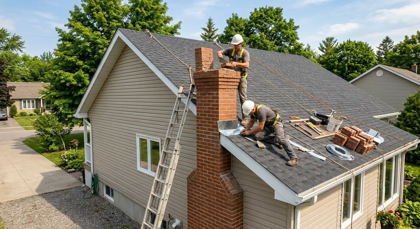 Chimney masonry repair and rebuilding on an Ottawa Valley roof