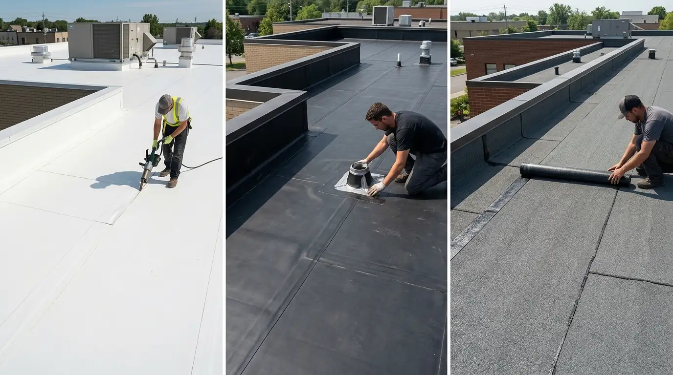 TPO, EPDM, and modified bitumen flat roof systems compared for Ontario buildings