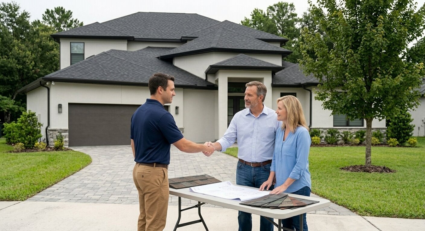 McKay Roofing Lanark — meeting with homeowners to review shingle samples and estimate