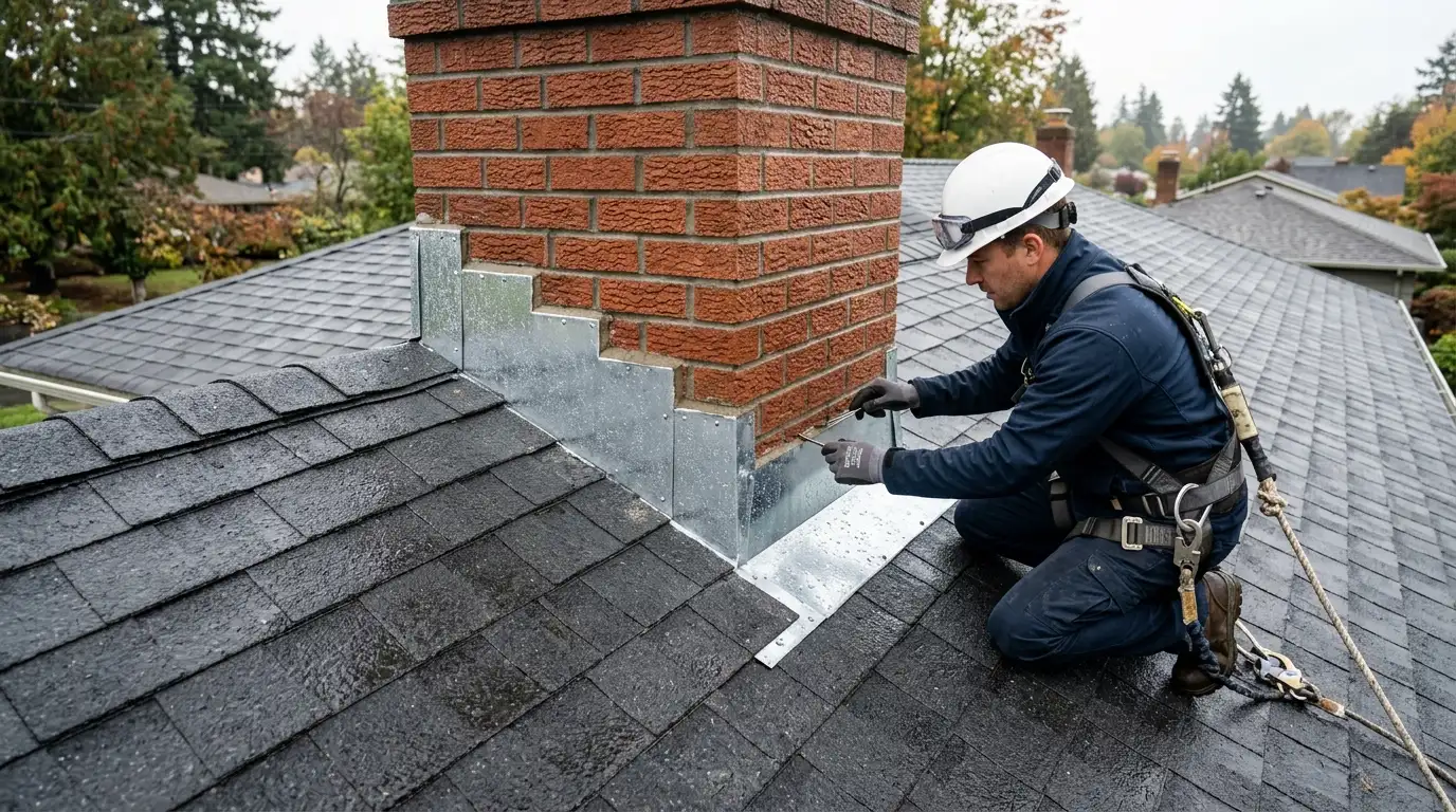 Roof flashing installed around a chimney in the Ottawa Valley