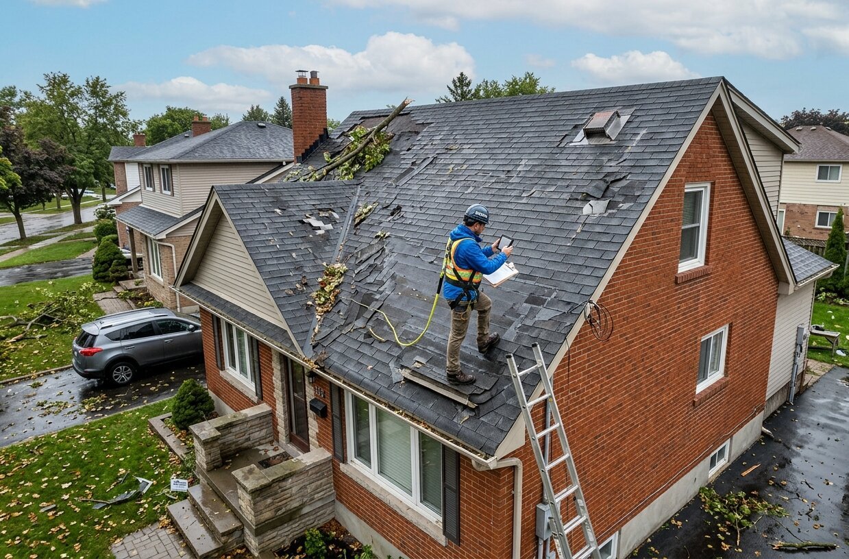 Roof storm damage Ontario — contractor inspecting damaged roof after severe weather